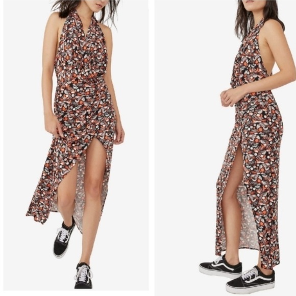 Free People New Size L Daria Black Orange Jersey Scoopback High Slit Maxi Dress - Picture 1 of 11